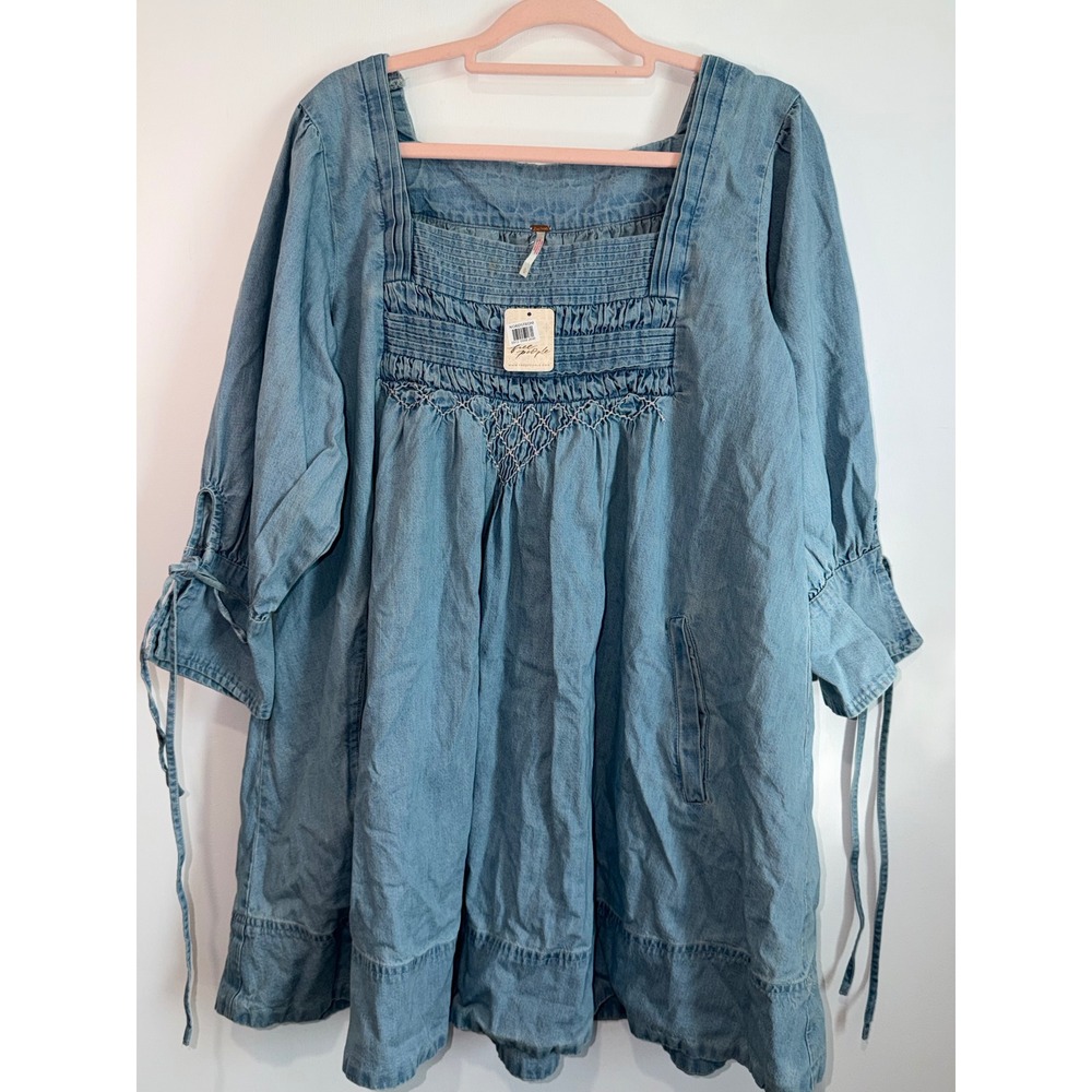Free People Sonora Denim Mini Dress L Cornflower Blue Chambray Smocked Babydoll